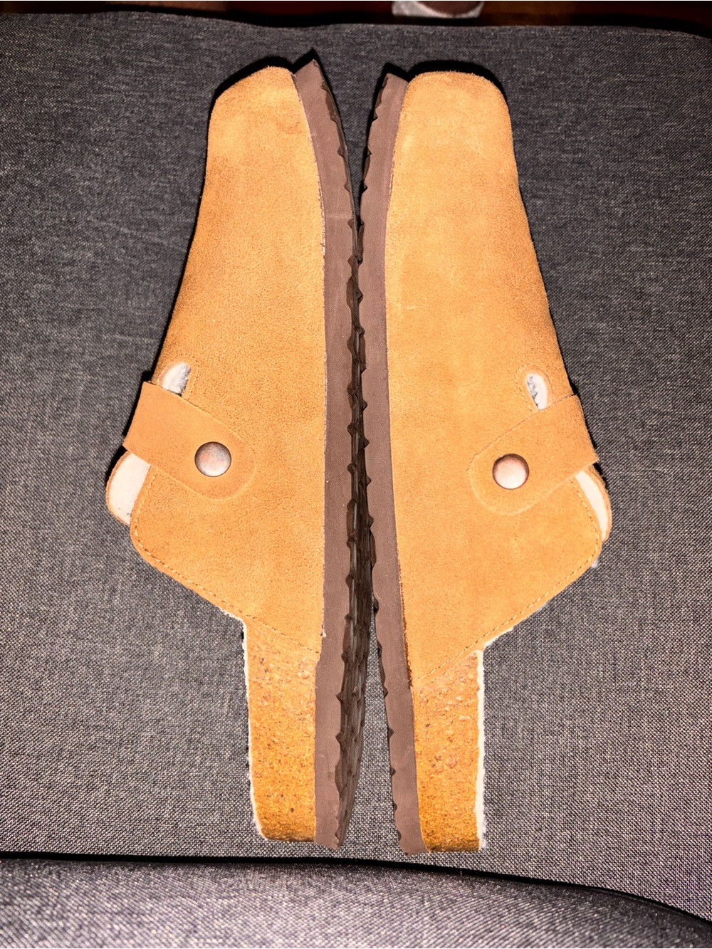Men's Suede Slip-On Mules in Tan with Snap Accent